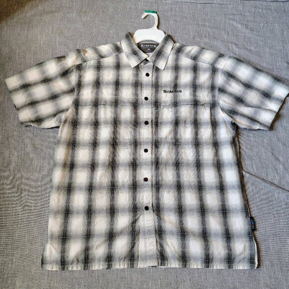 Simms Shirt Size Medium Grey White Plaid Short Sleeve Button Down Flyfishing - Picture 1 of 13